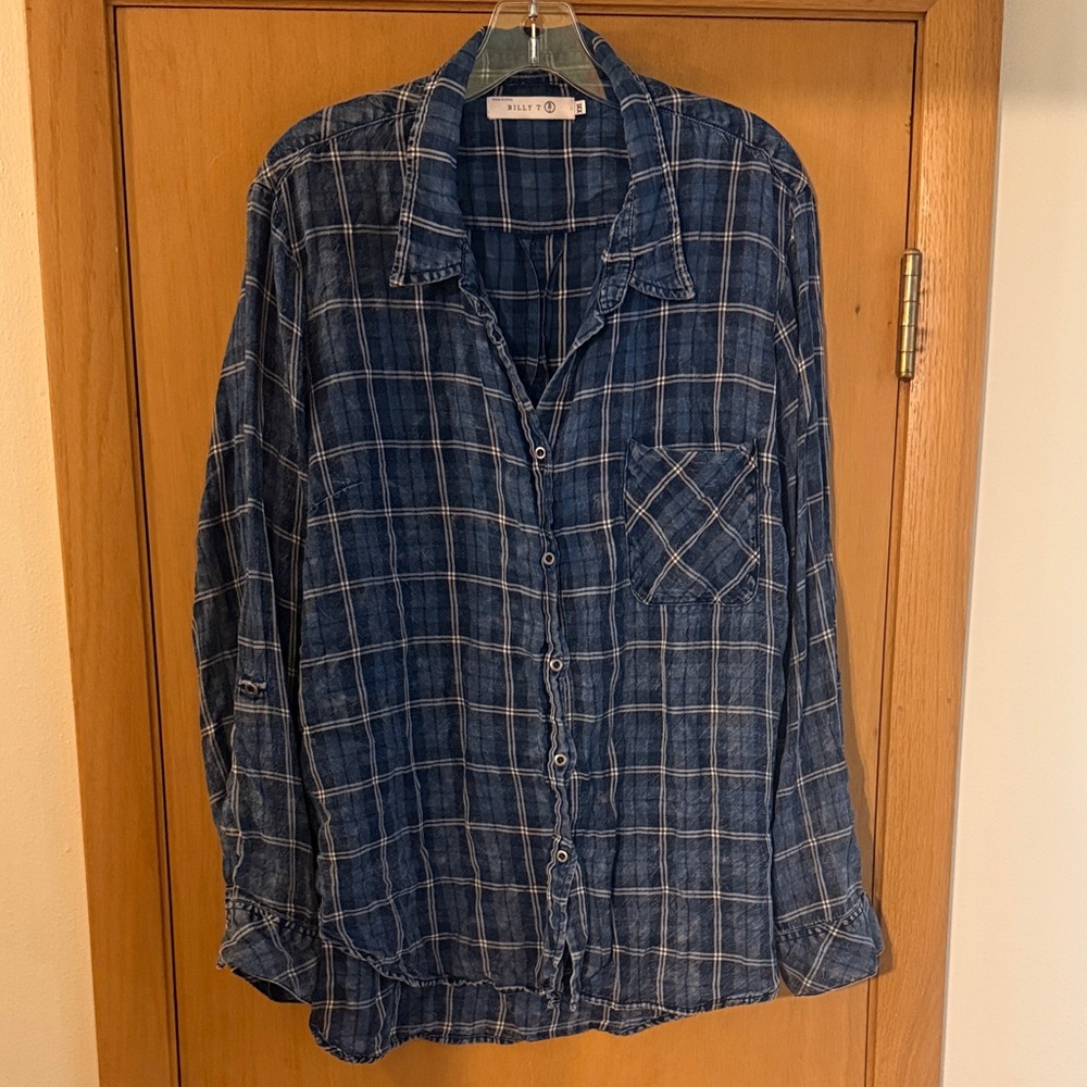 Billy T Women’s Plaid Flannel Lyocell Button Down Shirt Blue Size XXL